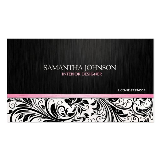 Elegant  Black & White Floral Damask w/ pink Business Card Template (front side)