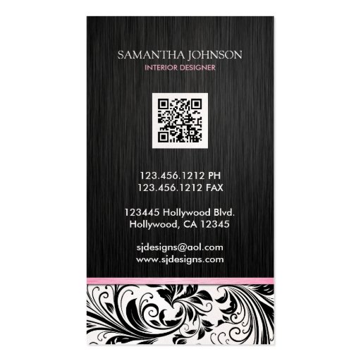 Elegant  Black & White Floral Damask w/ pink Business Card Template (back side)