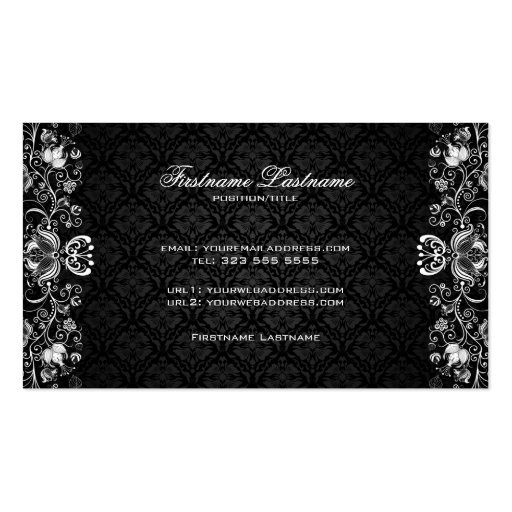 Elegant Black & White Floral Swirls Business Card Template (back side)