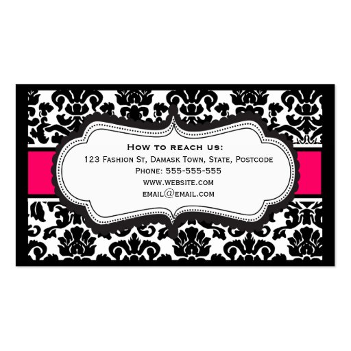 Elegant Black White & Pink Damask Business Cards (back side)