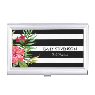 Elegant Black White Stripes With Flowers Business Card Holder