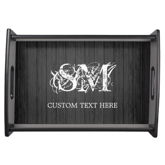 Elegant Black Wood Look with White Monogram Text Service Trays-0