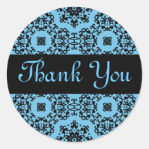 Elegant blue and black damask Thank You Round Stickers