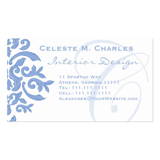 Elegant Blue and Cream Damask Letter C Business Card Templates (front side)