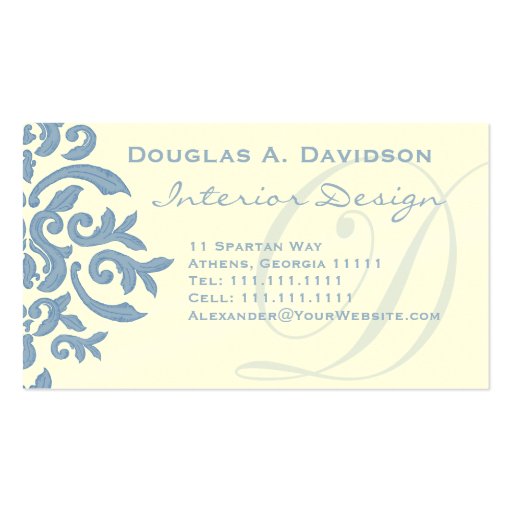 Elegant Blue and Cream Damask Letter D Business Card Templates (front side)