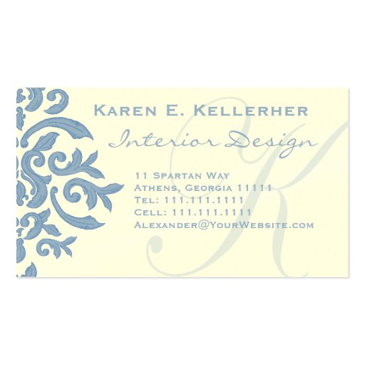 Elegant Blue and Cream Damask Letter E Business Card