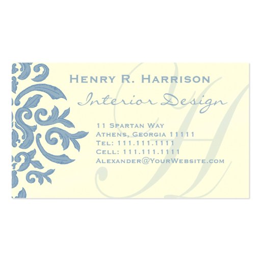 Elegant Blue and Cream Damask Letter H Business Card Template (front side)