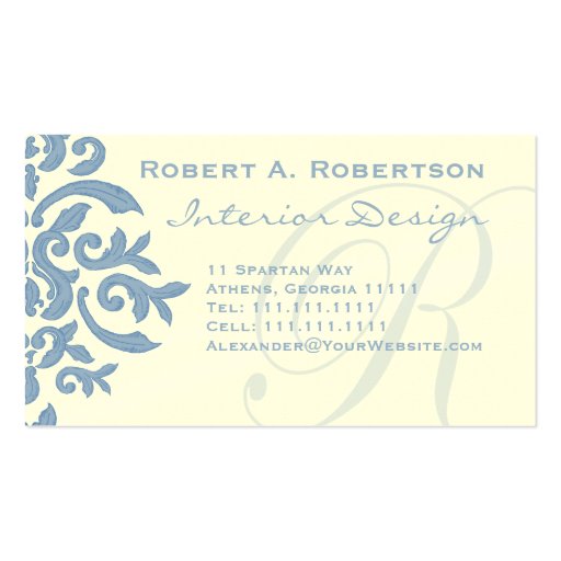 Elegant Blue and Cream Damask Letter R Business Cards (front side)