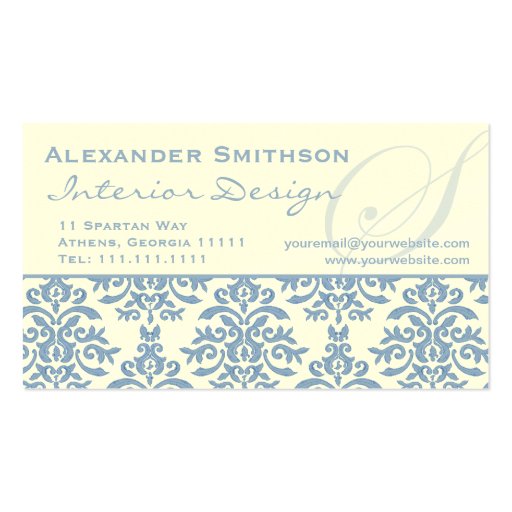 Elegant Blue and Cream Damask Letter S Business Card Templates (front side)