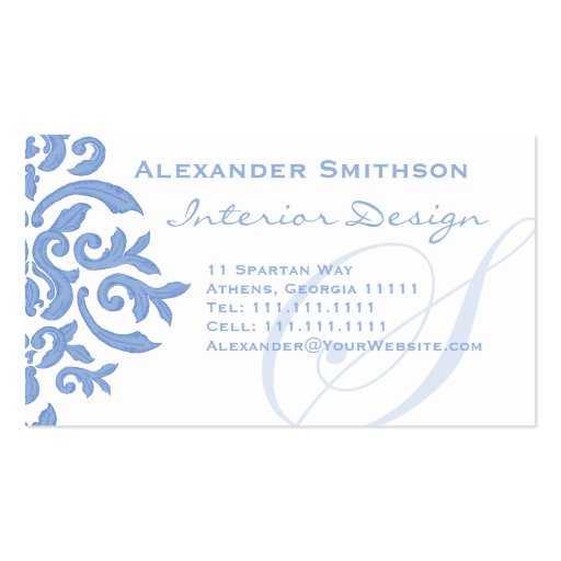 Elegant Blue and Cream Damask Letter S Business Card Template (front side)