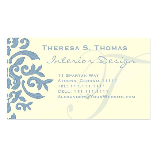 Elegant Blue and Cream Damask Letter T Business Card Template (front side)