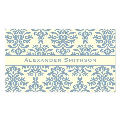 Elegant Blue and Cream Damask Letter T Business Card Template (back side)