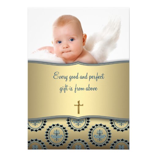 Elegant Blue and Gold Baby Boy Photo Christening Personalized Announcement
