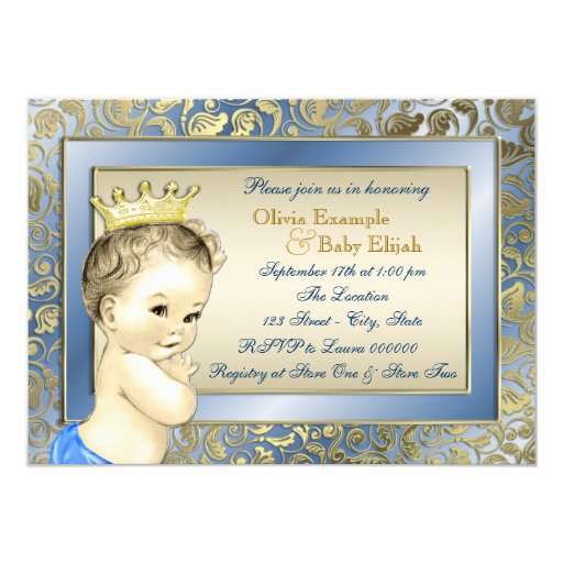 Elegant Blue and Gold Boys Tea Party Baby Shower Custom Invites