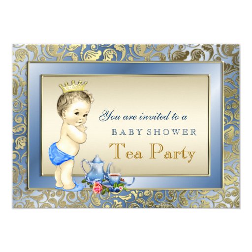 Elegant Blue and Gold Boys Tea Party Baby Shower Custom Invites