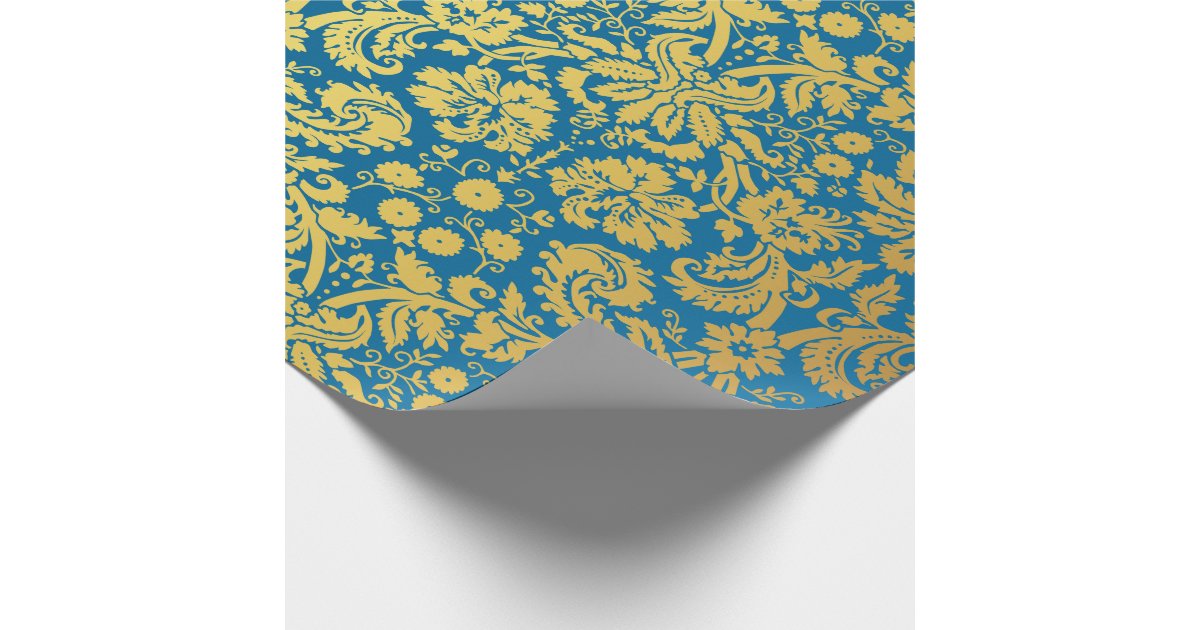 Elegant Blue and Gold Royal Damask Pattern Wrapping Paper Zazzle