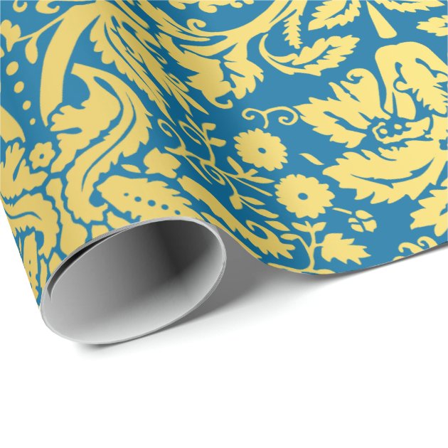 Elegant Blue and Gold Royal Damask Pattern Wrapping Paper 3/4