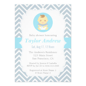 Elegant Blue and White Chevron Baby Boy Shower Personalized Invites