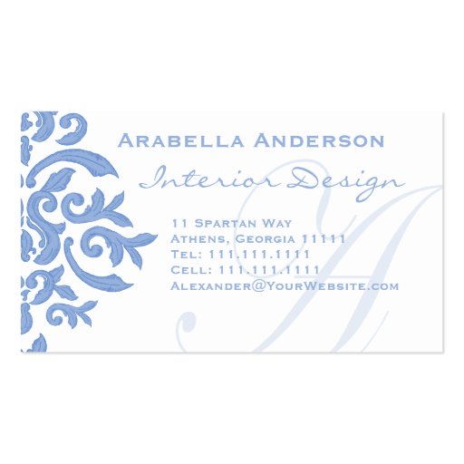 Elegant Blue and White Damask Letter A Business Card Templates (front side)