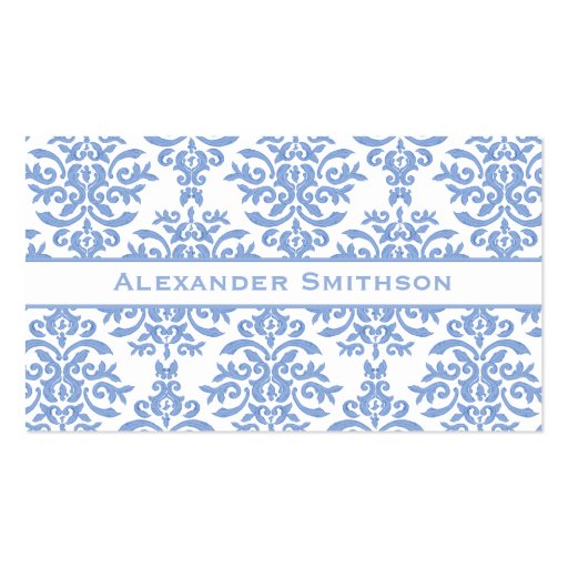 Elegant Blue and White Damask Letter M Business Cards (back side)
