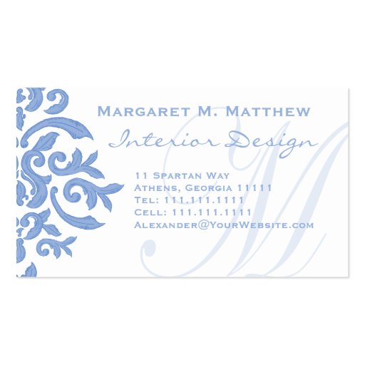 Elegant Blue and White Damask Letter M Business Cards (front side)