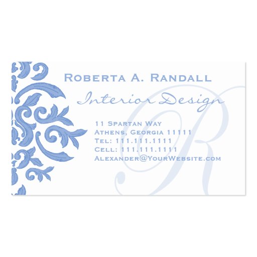 Elegant Blue and White Damask Letter R Business Card Templates (front side)