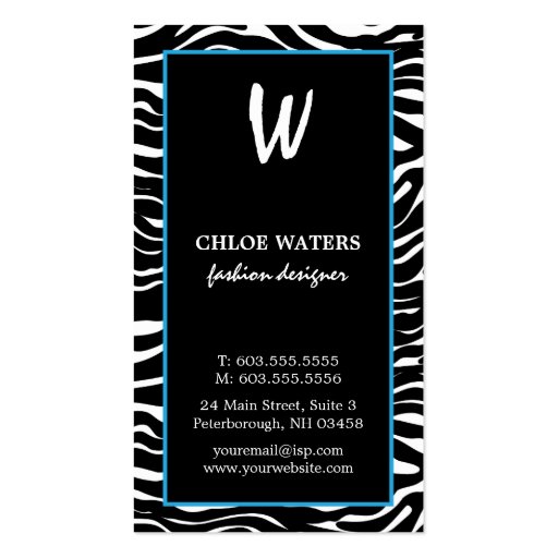 Elegant Blue and Zebra Monogram Business Cards (front side)