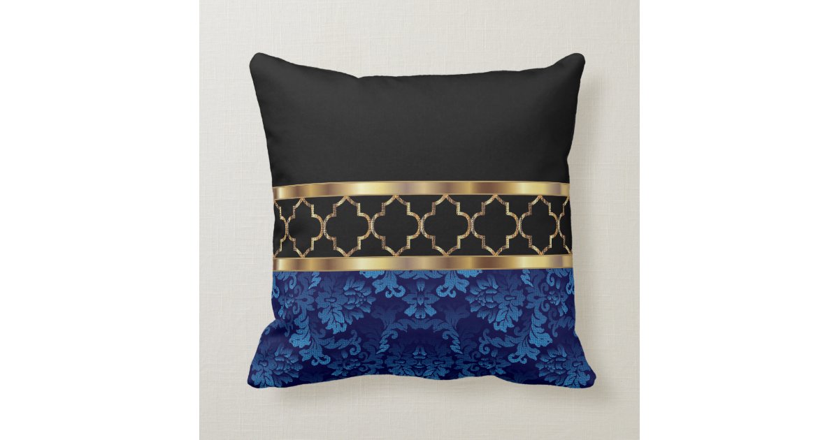 Elegant Blue, Black & Gold Quatrefoil Pattern Throw Pillow Zazzle