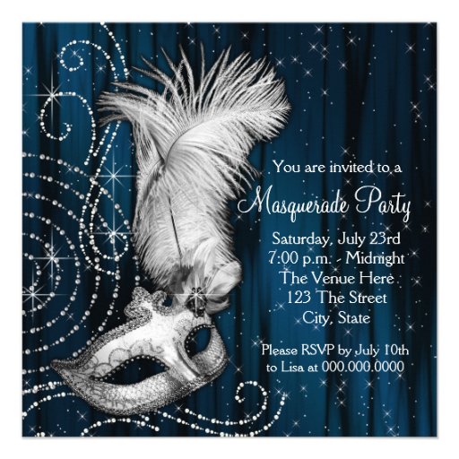 Elegant Blue Black White Masquerade Party Custom Invitation