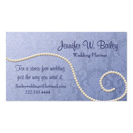 Elegant Blue Damask and Pearls Business Card (front side)
