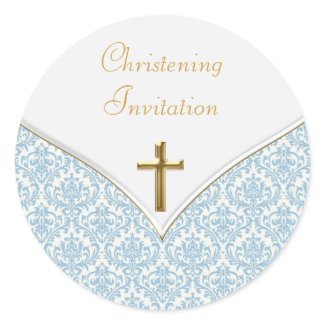 Elegant Blue Damask Christening Stickers