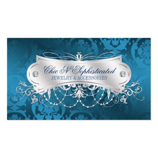 Elegant Blue Damask Swirl Business Cards (front side)