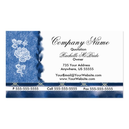 Elegant Blue Embroidery White Rose Business Cards (front side)