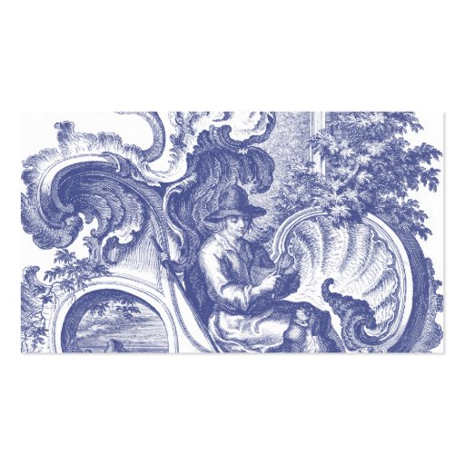 Elegant Blue French Baroque Toile Business Cards (back side)