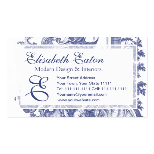 Elegant Blue French Baroque Toile Business Cards (front side)