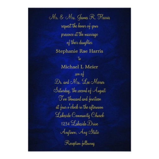 Elegant Blue Gold Monogram Wedding Invitation