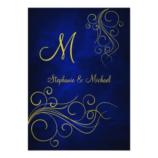 Elegant Blue Gold Monogram Wedding Invitation