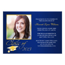 Elegant Blue Gold Photo Graduation Announcement