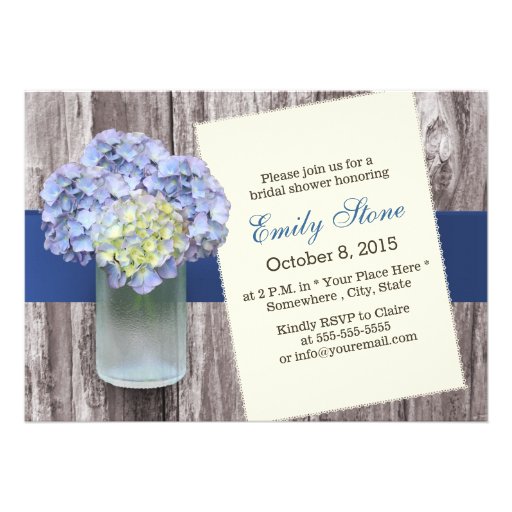 Elegant Blue Hydrangea & Mason Jar Bridal Shower Custom Invitation (front side)