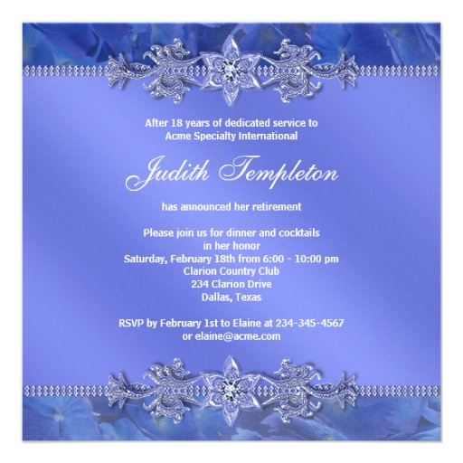 Elegant Blue Hydrangea Womans Retirement Party Personalized Invitations