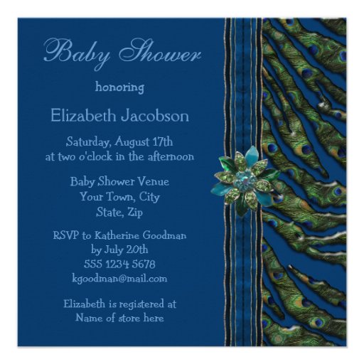 Elegant Blue Peacock Animal Print Baby Shower Personalized Invitation
