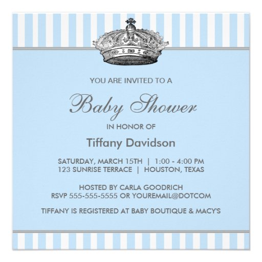 Elegant Blue Prince Baby Boy Shower Custom Invites