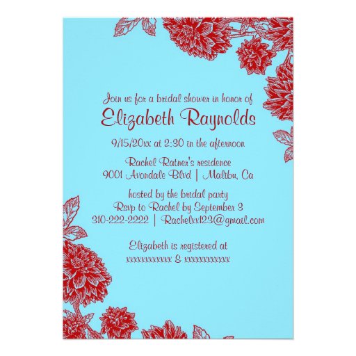 Elegant Blue & Red Bridal Shower Invitations