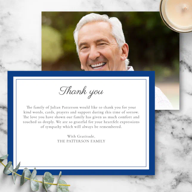 Elegant Blue Script Funeral Photo Thank You Card Zazzle