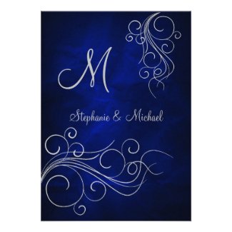 Elegant Blue Silver Monogram Wedding Invitation