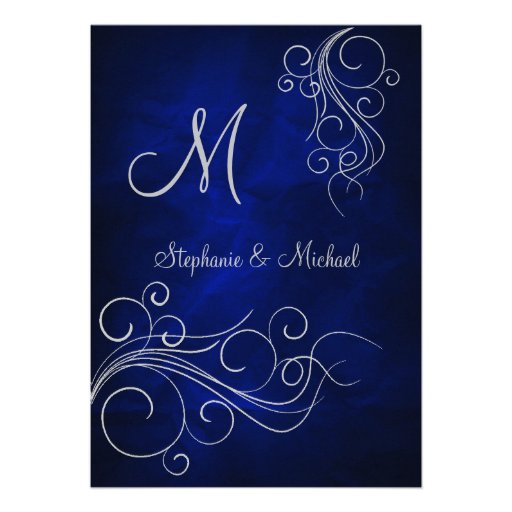Elegant Blue Silver Monogram Wedding Invitation (front side)