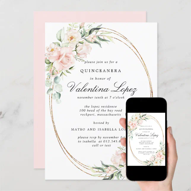 Elegant Blush Pink Rose Floral Quinceanera Invitation Zazzle