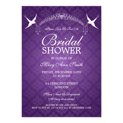 Elegant Bridal Shower Birds & Diamonds Purple Personalized Invitations