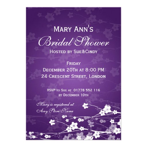 Elegant Bridal Shower Cherry Blossom Purple Personalized Announcement
