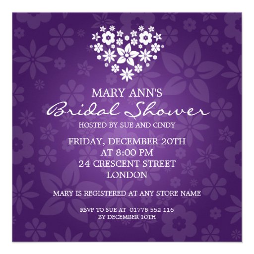 Elegant Bridal Shower Flowery Heart Purple Custom Invite